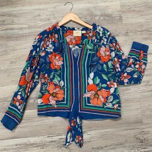 Maeve Blue Floral LS Button Up Tie Waist Top Sz M